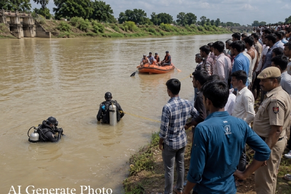 गंभीरी नदी में डूबे दो युवकों की तलाश करते गोताखोर और मौके पर मौजूद लोग।