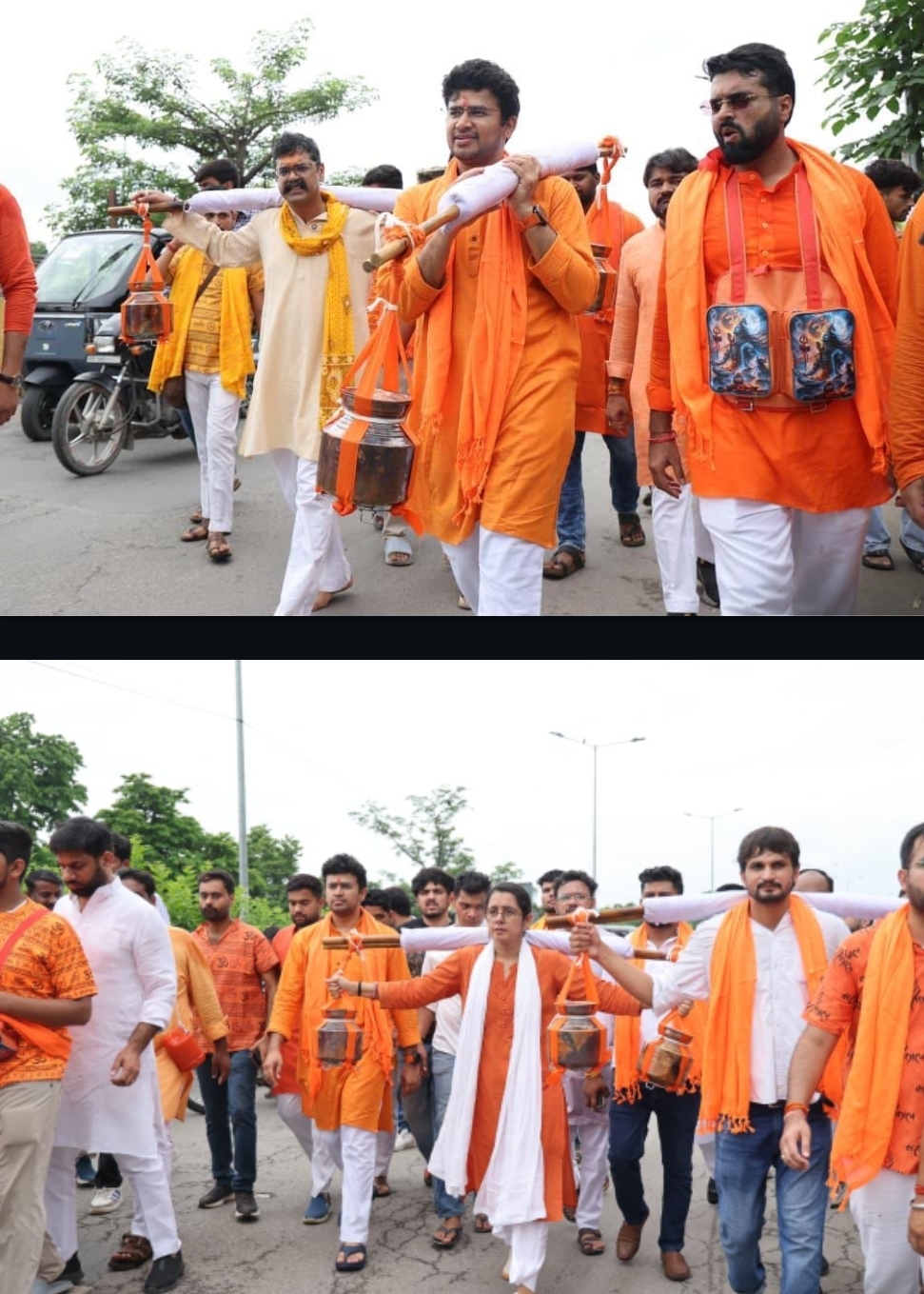 तेजस्वी सूर्या कावड़ यात्रा करते हुए। तेजस्वी सूर्या कावड़ यात्रा करते हुए।