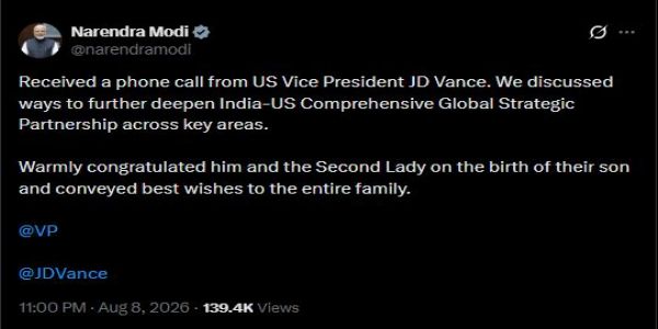 पीएम मोदी ने अमेरिकी उपराष्ट्रपति से की फोन पर बातचीत, भारत-अमेरिका संबंधों को और मजबूत करने पर जोर