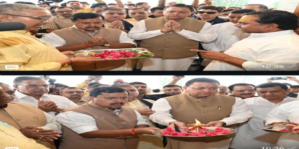 भाजपा के राष्ट्रीय अध्यक्ष नितिन नवीन मंदिर में मुख्यमंत्री धामी के साथ पूजा करते।