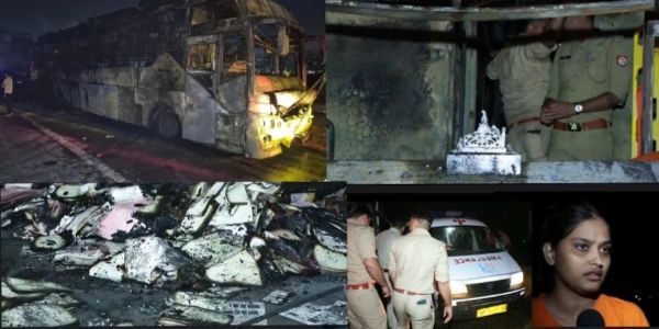 यमुना एक्सप्रेसवे पर लगी बस में आग बुझाते और रेस्क्यू करते पुलिसकर्मी, प्रत्यक्षदर्शी रिंकी राजपूत, सवारियों के जले सामान तथा बस के अंदर शवों की तलाश करते पुलिसकर्मियों की फोटो