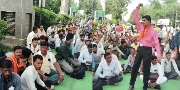 भोपाल: न्यूनतम वेतन की मांग को लेकर अस्थायी श्रमिकों का धरना, भाजपा कार्यालय के बाहर की नारेबाजी