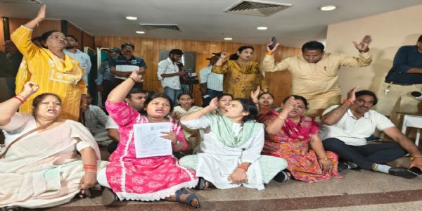 आआपा पार्षदों ने महापौर कार्यालय के बाहर किया प्रदर्शन, चुनाव रद्द कर 35 सदस्यीय समिति बनाने की मांग